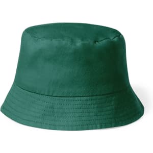 A green bucket hat with a structured crown and wide brim, featuring a subtle logo.