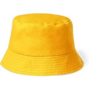 A yellow bucket hat with a wide brim and a smooth texture, featuring a logo on the side.
