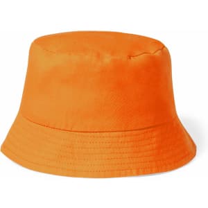 An orange bucket hat with a wide brim and a smooth fabric finish. It features a logo on the side.