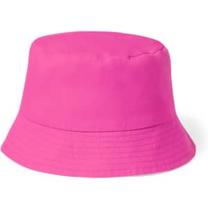 A pink bucket hat with a wide brim and a smooth finish, featuring a logo.