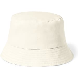 A white bucket hat with a flat top and wide brim, featuring a textured fabric and stitched detailing.