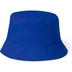 A blue bucket hat featuring a wide brim and a simple design, with a logo present.