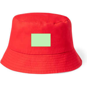 A red bucket hat featuring a green rectangular area and a logo on the side.