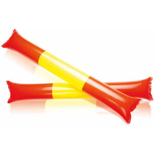 Two inflatable cheering sticks in vibrant red and yellow colours, laid across each other.