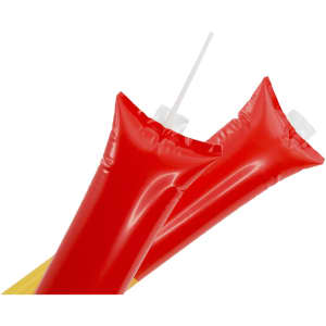 Two inflated flag cheering sticks in bright red with a white straw opening. They have a shiny finish and are designed for events.