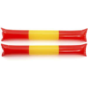 Two inflatable cheering sticks in bright red with a yellow stripe down the centre, featuring a logo.