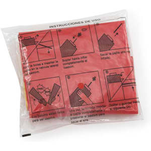 A pack of red flag cheering sticks with illustrated instructions for use. The pack is transparent and sealed.