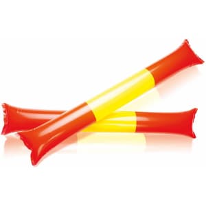 Two inflatable cheering sticks in red and yellow, designed for events and promotions, feature a branding logo.