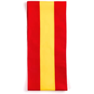 A scarf featuring bold red and yellow stripes, with a logo present. Perfect accessory for adding colour to outfits.