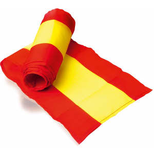 A rolled scarf in red and yellow stripes, featuring a logo, laid out beside it.