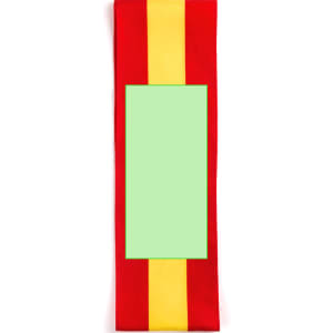 A red and yellow Lesport scarf featuring a central blank area. It has a simple design and includes branding.