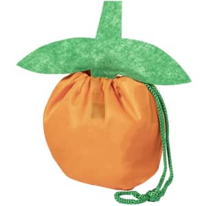 An orange foldable bag with a green leaf design on top and a drawstring closure. It features a logo.