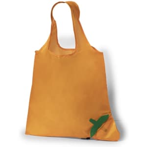 An orange foldable bag with a green accent and a logo on the side.