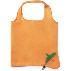 An orange foldable bag featuring a small green accent. The bag has a logo and a sleek design.