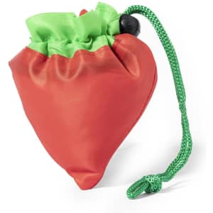 A foldable bag in red and green, shaped like a heart, with a drawstring closure and a clip.