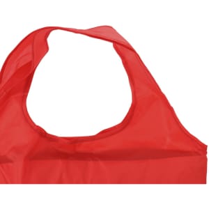 A red foldable bag with a handle and an open top, featuring a simple design. It has a logo on the surface.