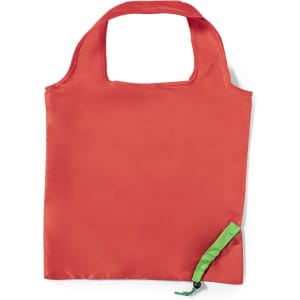 A foldable bag in bright red with a green accent, featuring a simple design and a handle.