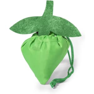 A green foldable bag shaped like a strawberry, featuring a leafy top and a drawstring closure.