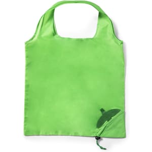 A green foldable bag with a compact design, featuring a small pocket for storage and a logo.