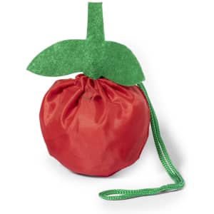 A red foldable bag shaped like a tomato with a green leaf and drawstring closure. It features a logo.