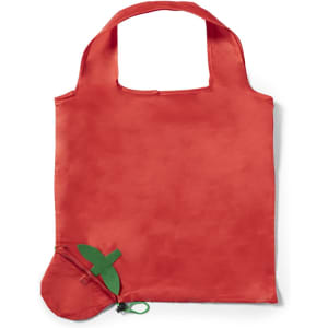 A red foldable bag alongside a compact pouch in matching colour, featuring a simple design and a logo.