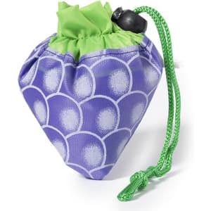 A foldable bag in purple with a green drawstring and matching top, featuring a circular pattern.