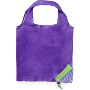A purple foldable bag with a green and patterned corner, featuring a logo.