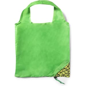 A bright green foldable bag with a patterned corner and a handle, featuring a small logo.