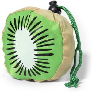 A foldable bag in the shape of a kiwi, featuring green and beige colours, with a drawstring closure and a logo.