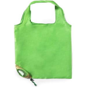 A green foldable bag with a rolled-up design featured at the bottom. It has a simple handle and a logo.