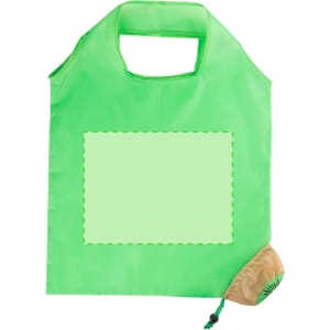 A vibrant green foldable bag with a handle, featuring a blank area and a compact pouch for storage.