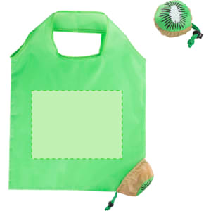 A foldable bag in bright green with a handle, designed to compact into a small pouch. Features a logo.