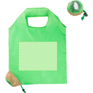 A green foldable bag with a matching pouch for storage. It features a simple design and a logo on the pouch.