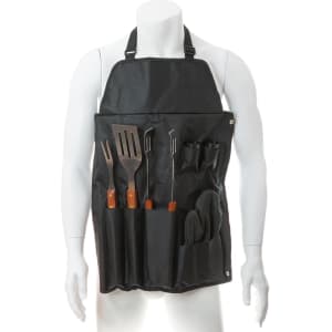 A black barbecue apron featuring various tools, including a spatula, tongs, and a basting brush, all with wooden handles.