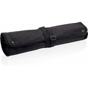 A rolled black barbecue set with a secure strap, featuring multiple compartments for BBQ tools.