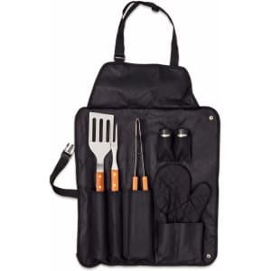 A black barbecue set featuring a spatula, tongs, seasoning shakers, an oven mitt, and an apron with pockets.
