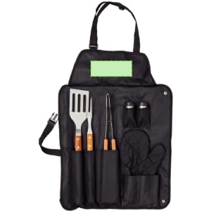 A black barbecue set featuring a spatula, tongs, salt and pepper shakers, oven mitt, and an apron with a logo.