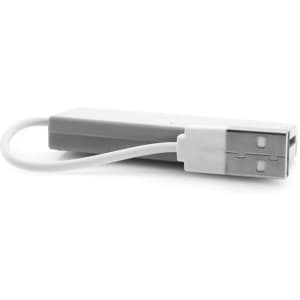 A grey and white card reader with a USB connection and a short cable. It features branding.