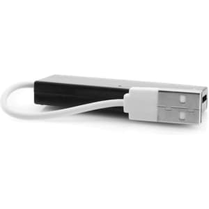 A small black and white card reader with a USB connector, featuring a sleek, rectangular design.