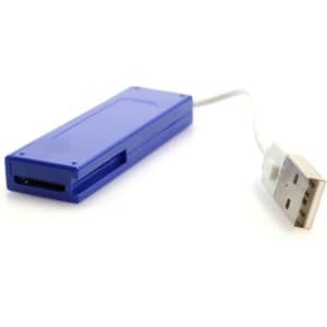 A blue card reader with a USB connection, featuring a slot for card insertion.
