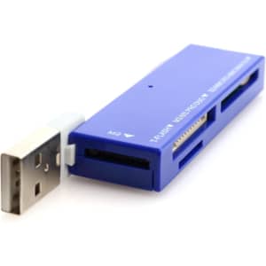 A blue Hades Card Reader with USB connector and multiple card slots for various memory cards.
