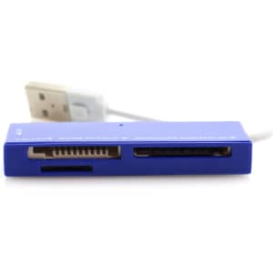 A blue card reader with multiple slots for various memory card types and a USB connection.