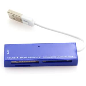 A blue Hades Card Reader with USB connector, featuring multiple card slots for various memory formats.