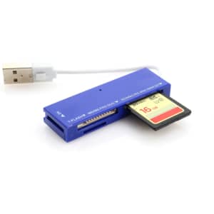 A purple card reader with slots for various memory cards and a USB connector.