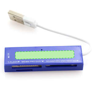 A blue card reader with multiple slots and a USB connection for various memory cards.