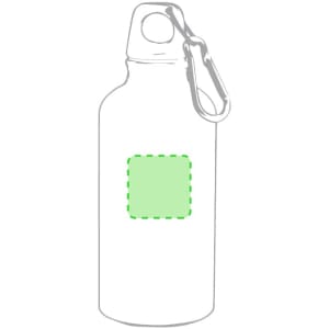 A drink bottle with a silver finish and a carabiner clip, featuring a green highlighted area for custom branding.
