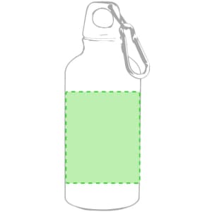 A drink bottle in transparent design with a light green section and a silver carabiner attachment.