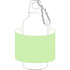 A drink bottle in transparent design with a green sleeve and a carabiner attachment. Features a branding logo.