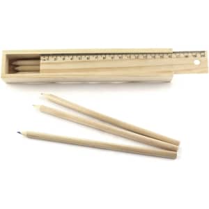 A wooden box containing grey-lead pencils and a ruler, all in natural wood colour.