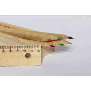 A set of wooden grey-lead pencils in black, red, green, yellow, and blue, alongside a wooden ruler with measurement markings.